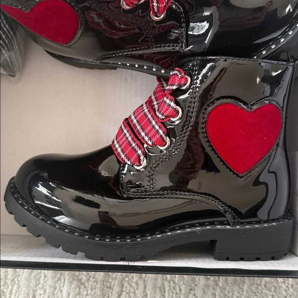 Tahari Kids Glossy Black Boots with Red Heart